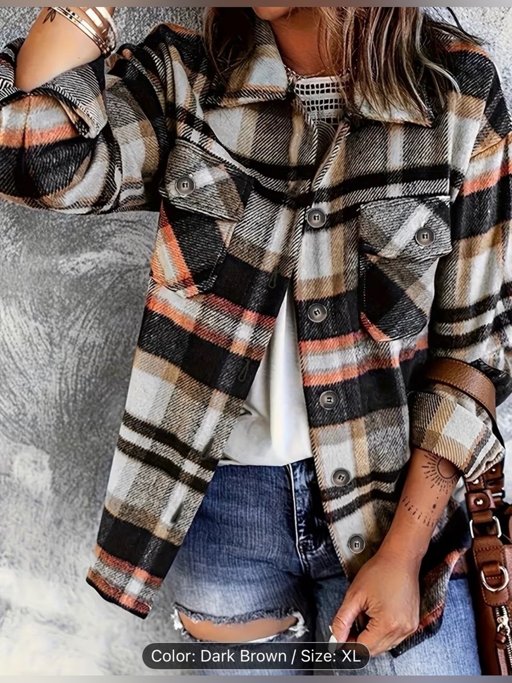 Plaid Button-Down Shacket in Dark Brown